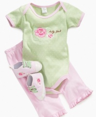 Nice and dainty. She'll be ever the lovely little girl in this darling bodysuit, pant and pre-walker booties 3-piece set from Cutie Pie Baby.