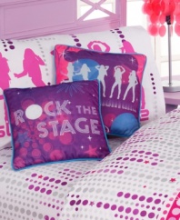 With its bright purple hue and pink pop graphics, this Hannah Montana decorative pillow from Disney rocks your bed with stage-ready style. Reverses to a print of Hannah Montana silhouettes. (Clearance)