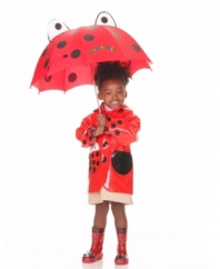 When it rains, it pours...but that's no excuse to waterproof your kids in boring slickers, not when Kidorable is here! This adorable hooded rain coat is printed with ladybug dots and features bug-shaped waterproof patch pockets. Button front. Imported. Comes with matching hanger. Check out the Kidorable Ladybug Rain Boots and Umbrella.
