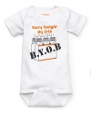A short sleeve romper with baby bottles and Party tonight in my crib - BYOB printed on front.