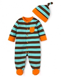 Offspring keeps it classic and cute with a striped footie and het set, accented with contrast trim and snap covers.
