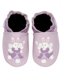 Your wish has come true! For girls that yearn for a pink alternative, this lovely lavender soft sole is a great option. A whimsical fairy bunny leaps across the leather upper while a suede outsole provides a non-slip grip and an elasticized ankle ensures easy-on, stay-on fit.