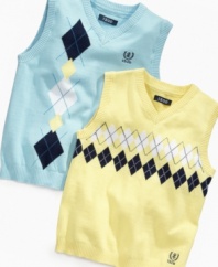 He's the man! He'll look and feel all grown up in this darling argyle sweater-vest from Izod.