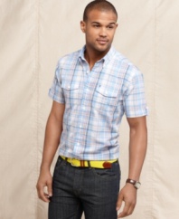 Streamline your spring style with this slim fit plaid shirt from Tommy Hilfiger.