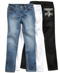 Different is the new norm. When she wants to step outside the box just a little she'll turn to these skinny jeans with back pocket embroidery from Baby Phat. (Clearance)
