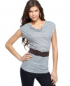 A figure-flattering belt adds punch to classic stripes on this top from BCX!