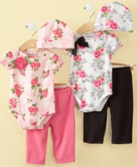 Stop and smell the flowers. She'll be precious and you'll be inclined to slow down and appreciate the little things when you see her in this bodysuit, pants and hat set from First Impressions.