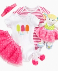 The final touch. Turn her outfit into something fancy with a sweet headband and socks from Baby Starters.