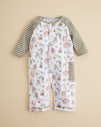 Striped sleeves and wild animal prints combine to make a comfy coverall, crafted with care by Kissy Kissy.