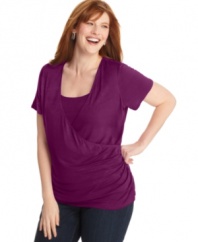 Snag a slimmer looking shape with Elementz' short sleeve plus size top, featuring a flattering faux wrap design.