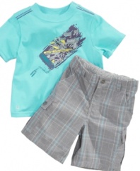 Paint the town! He'll be ready to go anywhere in this preppy tee shirt and plaid short set from Kenneth Cole.