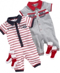Head to toe. He'll be styling all the way down to his feet with this coverall and matching sock set from Guess.