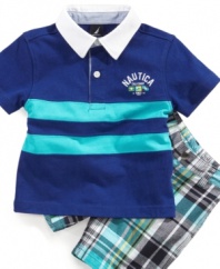 All hands on deck. Easily navigate the day with the help of this sea-inspired striped polo shirt and plaid short set from Nautica.