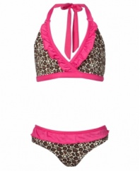 Warm weather purr-fection. This two-piece swimsuit from Pink Platinum stylishly combines modern animal print with sweet solid color for a look that you'll easily be able to spot in the crowd.