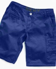 Easy does it. He'll have no problem deciding on his outfit for the day with these versatile flat-front shorts from DKNY.