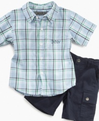 Cargo shorts and a plaid shirt from DKNY are the perfect pair to get him comfortably through the day.