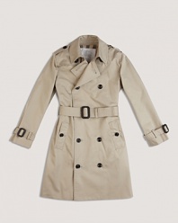 A handsome double breasted trench coat with a check lined collar and long sleeves.