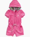 A little goes a long way. She'll make a style splash in this comfy hooded romper with surprise animal-print details from Baby Phat.