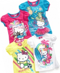 Ola Kitty! She can explore some far-out exotic destinations with her favorite feline cartoon on this precious Hello Kitty t-shirt.