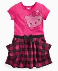 Her favorite kitty makes an appearance on this adorable dress from Hello Kitty, complete with pretty plaid skirt and oversize pockets.