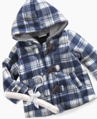 A traditional toggle coat from First Impressions is a must-have for every little man's wardrobe. This one comes in ultra-cozy plaid fleece to keep him extra warm and stylish.