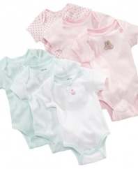 Expand your options. With a choice of solid, patterned or graphic on front, this bodysuit three pack from Little Me will have a choice you want.