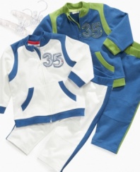 Keep him running comfortably on all cylinders with this active jacket and pant set from First Impressions.