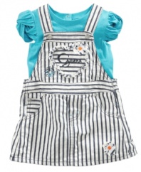Fresh and fun. Stripes and frilly details give this tee shirt and jumper set from Guess a playful feel that will keep her, and you, smiling all day.