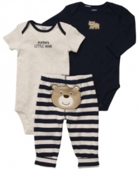 Keep him comfy, cozy and feeling beary special with this adorable 3-piece bodysuits and pant set from Carter's.
