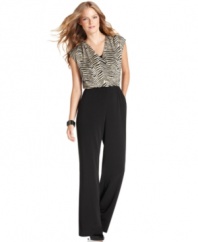 NY Collection's jumpsuit looks especially style-savvy with an animal-print bodice and chic wide-leg silhouette.