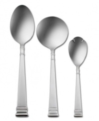 Elegant bands at tips and shanks of handles lend classic beauty to this modest set. Part of the Patterns for a Lifetime series, this collection will always be available for replacement. Includes a serving spoon, serving ladle and sugar spoon.