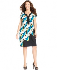 Make a splash with Alfani's short sleeve plus size dress, highlighted by a wavy print.