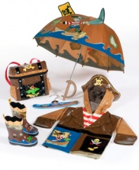 Trek for treasure. He can wade through the high seas on his way to the plunder in these comfy rain boots. The boots feature a brash young pirate and his parrot sidekick. Check out the Kidorable Pirate Raincoat and Umbrella.