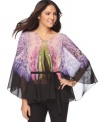 Flowing chiffon and a bold print create a unique combination! Sunny Leigh's blouse puts an airy, ethereal spin on this season's poncho trend!