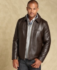 The genuine cow leather of this sporty coat from Tommy Hilfiger makes it a timeless addition to your closet.