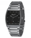 A sleek, masculine watch from Kenneth Cole New York with a modern gunmetal gray tone. Gray stainless steel bracelet and cushion-shaped case. Rectangular black dial with logo and stick indices. Quartz movement. Water resistant to 30 meters. Limited lifetime warranty.