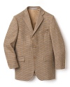 For a dashing look, go for this houndstooth single breasted blazer. Notched collar and long sleeved with three buttons at cuff. Lapel pocket and flap pockets on front. One interior pocket and single back vent.