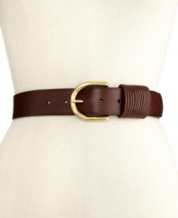 It's a cinch to look chic with this classic style from Lauren by Ralph Lauren. Sumptuous leather is accented with a gold tone brass buckle and delicately detailed keeper.