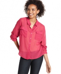 Sporting a cool high-low hem, this sheer button-down from Pink Rose is the blouse to turn to for a look that's so on-trend.