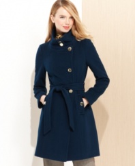 Luxe goldtone buttons highlight the tailored, asymmetrical style of Tahari's wool-blend coat. The belt is a waist-defining detail that beautifully cinches the silhouette.