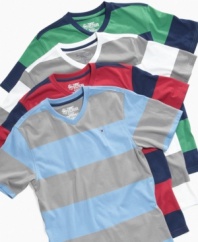 Build out with better basics. These striped v-neck tees from Tommy Hilfiger fill out his closet.