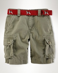 Cool utility-inspired cargo short in substantial cotton twill.