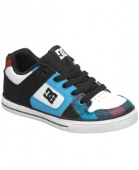 Plaid accents on the toes of these Pure sneakers from DC Shoes gives his skate style a classic edge.