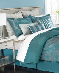 Over the moon. A gorgeous palette of turquoise and silver renders an air of serene sophistication in this Moonlit Tide comforter set from Martha Stewart Collection. A flowing embroidered design offers a chic shimmering embellishment while coordinating pieces finish the look.