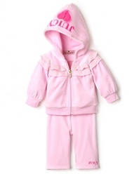 Surround her with the lavishness of this cozy velour Juicy Couture hooded top and leggings set, laced with sweet ruffle trim.