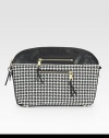 Graphic houndstooth fabric with leather trim and goldtone hardware.Top zip closureProtective metal feetTwo outside zip pocketsTwo inside open pocketsCotton lining14½W X 10½H X 3¼DMade in Italy