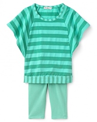 Indulge your little style maven with this sweet-as-candy striped top and solid leggings set, featuring on-trend batwing sleeves and contrast stripe trim.