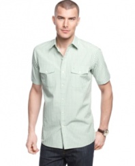 A classic gingham print get a modern upgrade in a slim fit with this weekend-ready shirt from Izod. (Clearance)