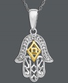 Intricate style and a touch of good luck. This symbolic hamsa pendant features a filigree and cut-out design accented by sparkling diamonds. Crafted in sterling silver with 14k gold accents. Approximate length: 18 inches. Approximate drop: 7/8 inch.