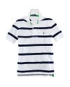 A short-sleeved rugby is rendered in breathable cotton mesh with a preppy stripe.